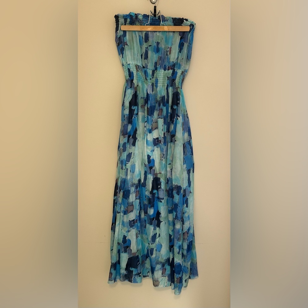 100% Silk Costa Blanca Strapless Blue Patterned Maxi Dress